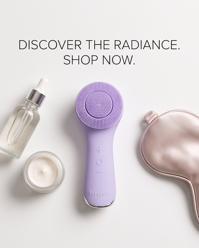A flat-lay product photo of a lavender purple electric facial cleansing brush in the center, flanked by a clear skincare dropper bottle, a small jar of cream, and a satin sleep mask on a white background. Text at the top reads 'DISCOVER THE RADIANCE.
