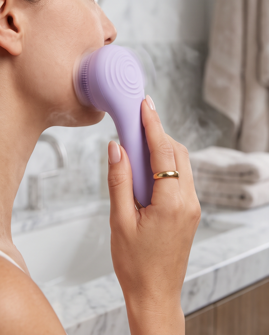 A close-up lifestyle shot of a woman using a lavender purple facial cleansing brush on her face in a bright, modern bathroom setting.