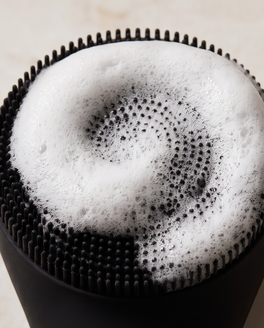 Close-up of a black silicone facial cleansing brush with dense bristles, showing thick white foam buildup on the brush head against a light neutral background.