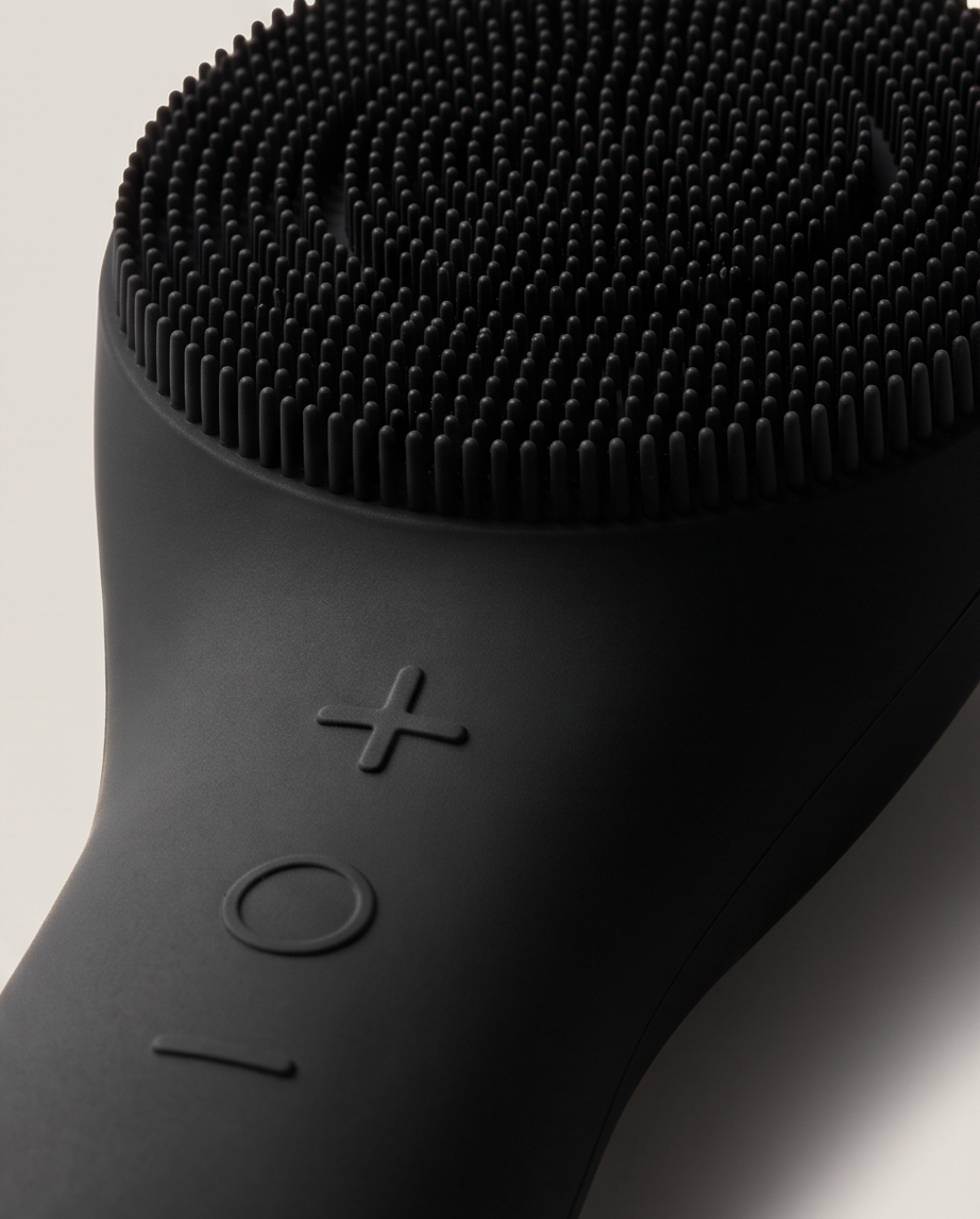 Close-up of a matte black handheld facial cleansing brush showing the silicone bristle head and embossed control buttons with plus, minus, and zero symbols.