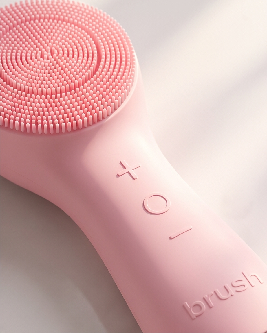 A close-up of a pink electric facial cleansing brush with silicone bristles, showing the brush head, control buttons, and the embossed brand name 'brush' on the handle.