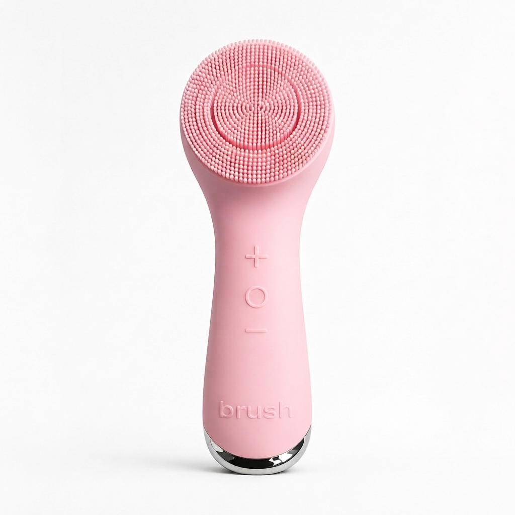 A pink handheld electric facial cleansing brush with a textured silicone brush head, featuring a silver metallic base and the brand name 'brush' embossed on the handle, set against a plain white background.