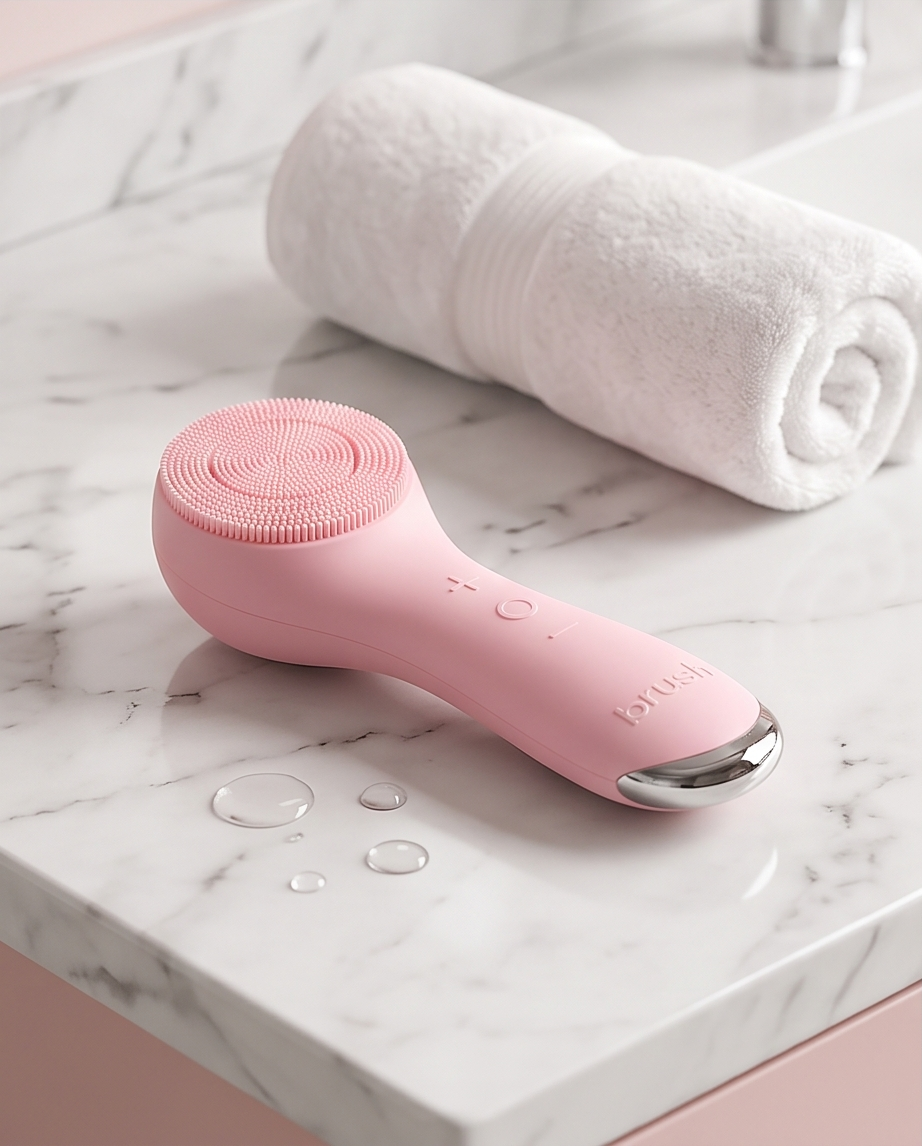 A pink electric facial cleansing brush with a silver metal edge, resting on a white marble bathroom counter next to a rolled white towel.