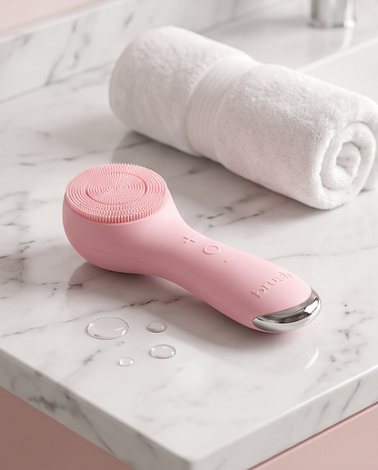 A pink electric facial cleansing brush with a silver metal edge, resting on a white marble bathroom counter next to a rolled white towel.