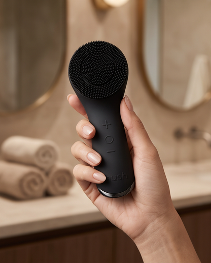 A hand holding a matte black facial cleansing brush with a silicone sponge head, set against a softly blurred bathroom background with warm beige tones.